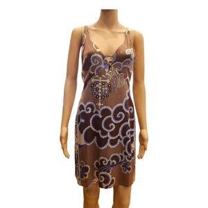 Emilio Pucci Tan Brown Silk Dress with Blue Paisley Print RARE xs